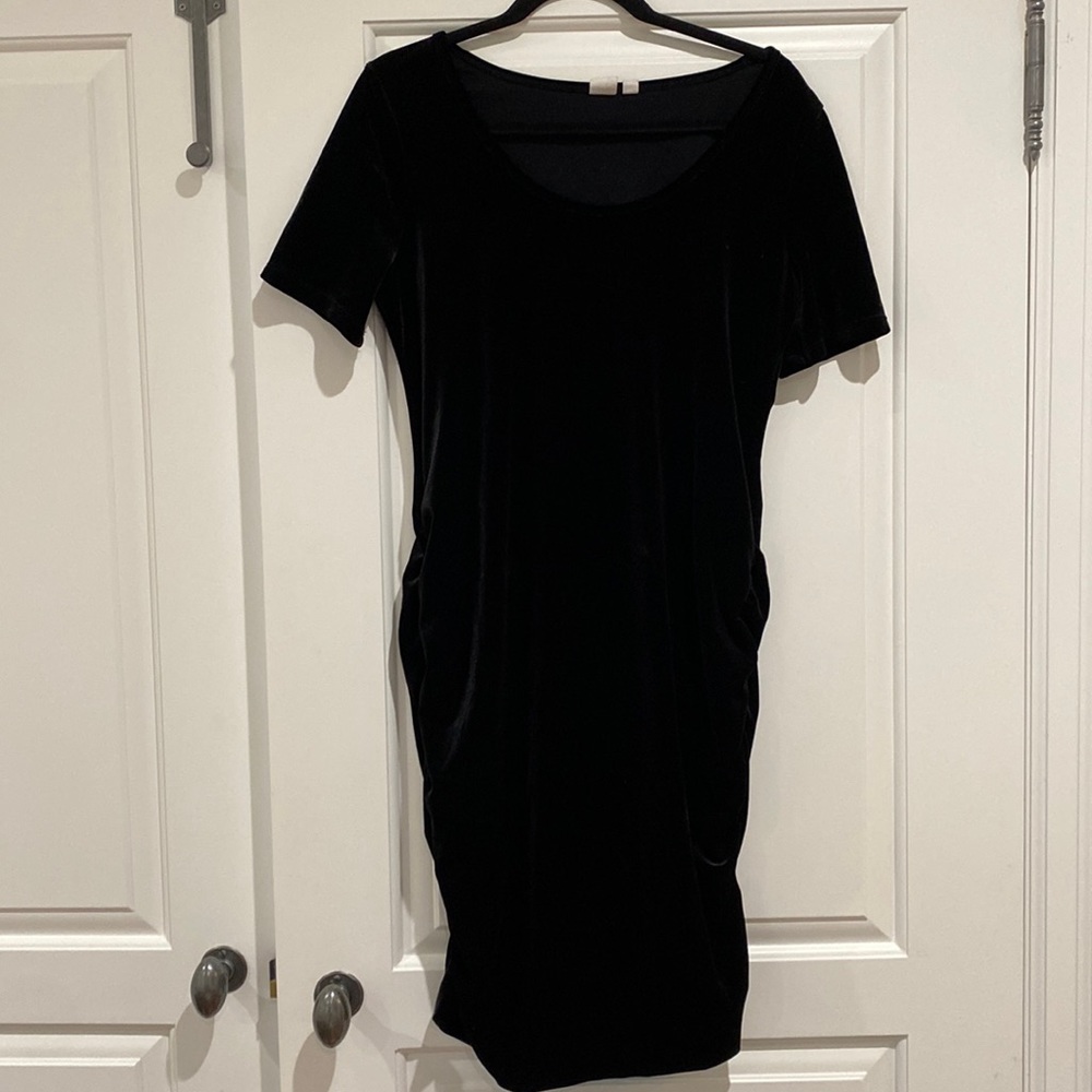 Crushed black velvet maternity dress